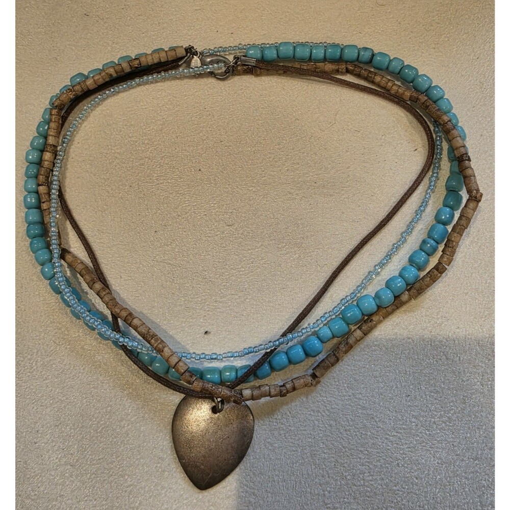 Boho MultiStrand Turquoise Glass Heishi Leather,Metal Heart pendant Necklace 16"